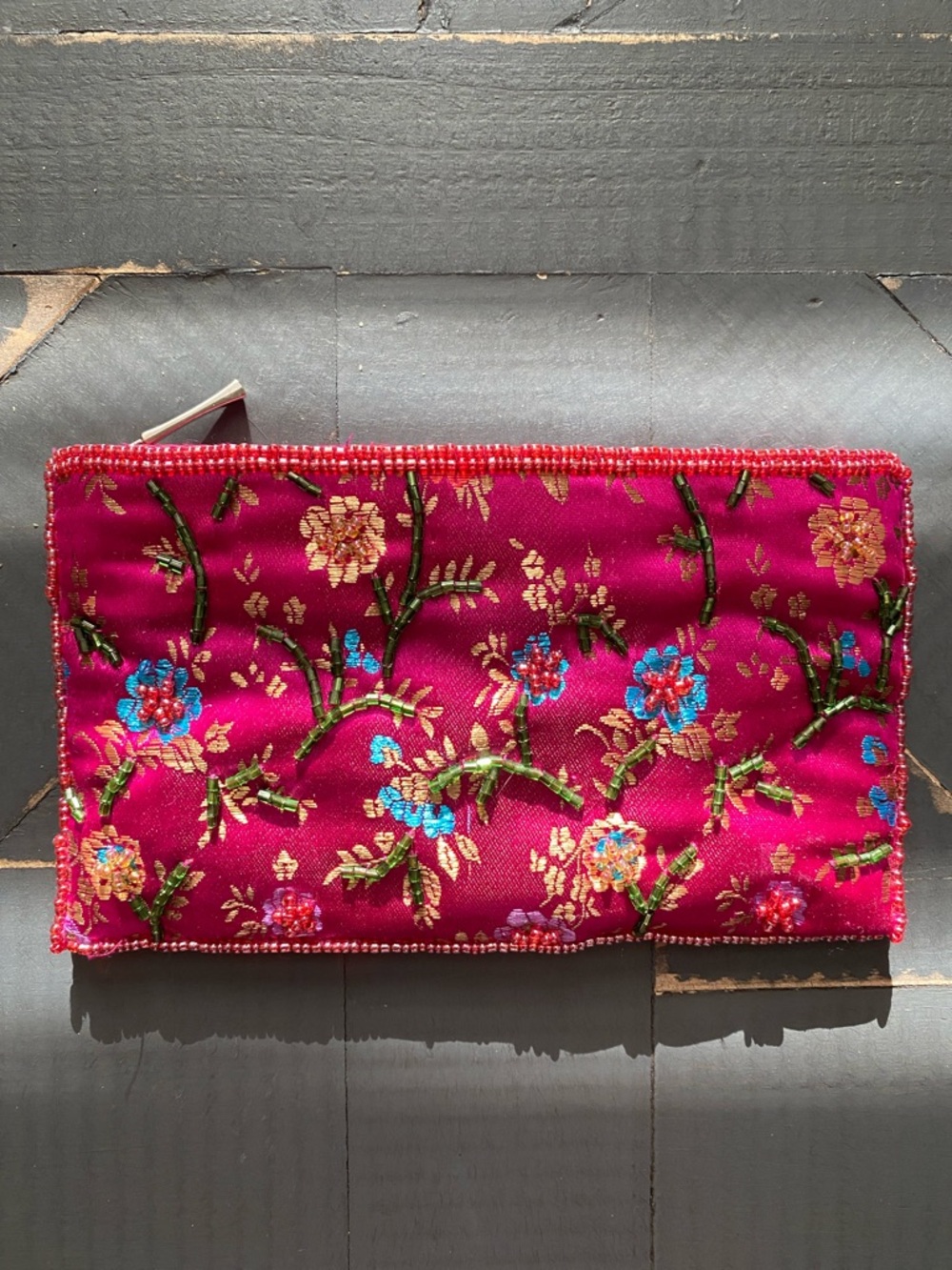 🌷Embroidered🌷Floral Fuchsia Silk Bag